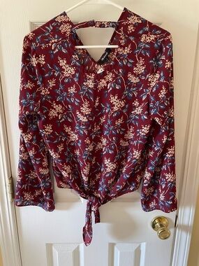 Madewell Floral Tie Front Blouse Size S Burgundy Blue Long Sleeve